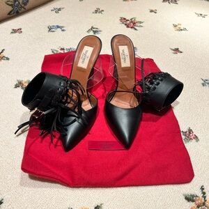 Valentino black leather heels with fringe ankle buckle